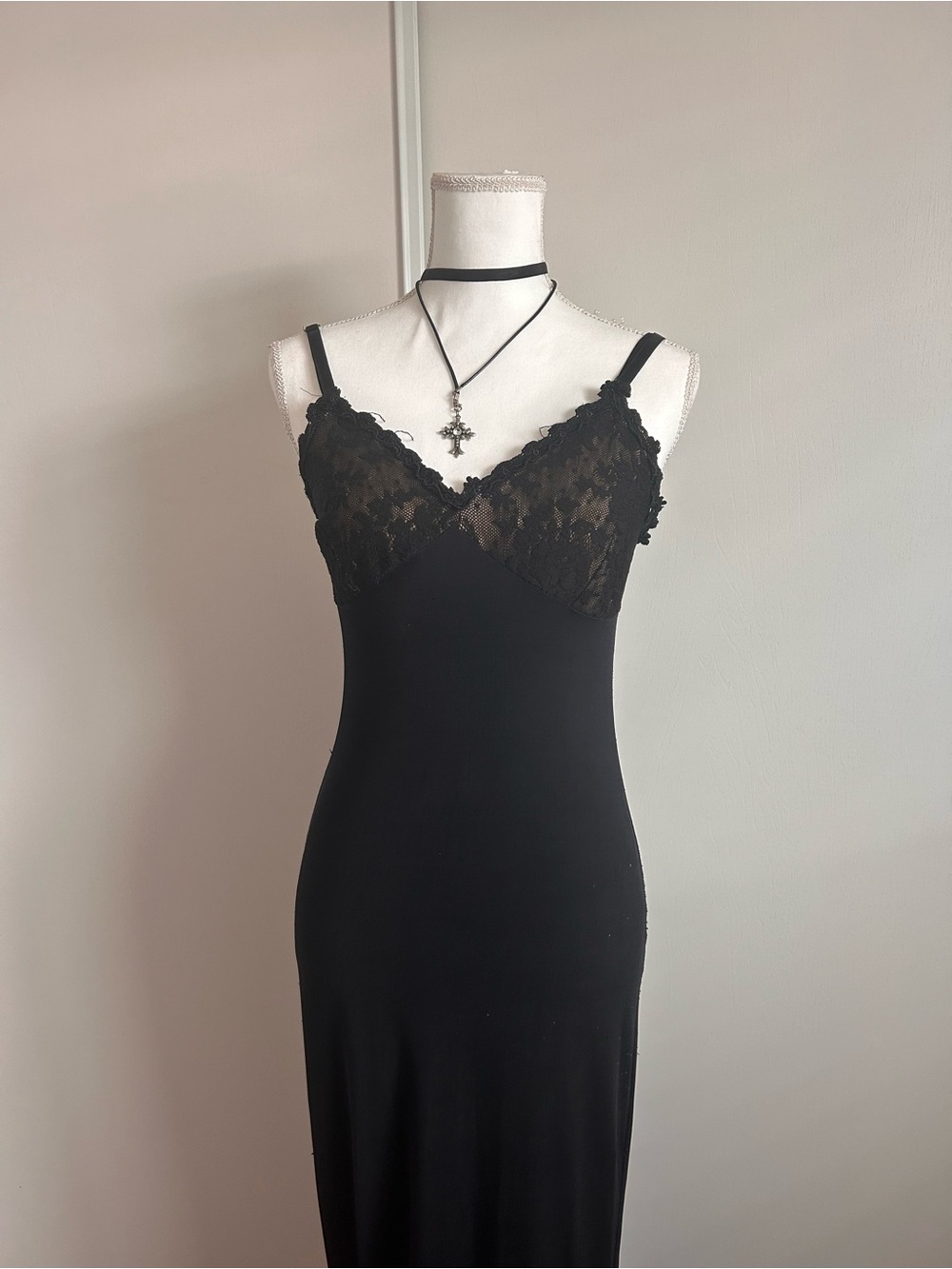 Black Lace Slip Dress - Womens Long skirt
